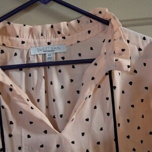 Sweet Rain Heart Print Blouse - Light Pink and Black
